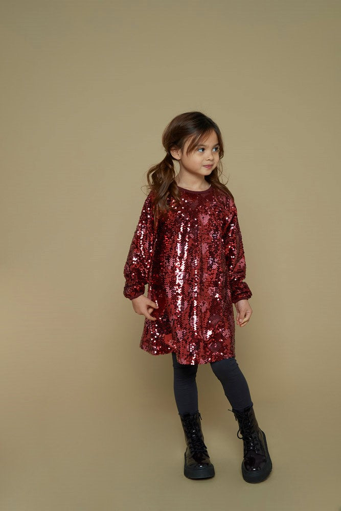 Jubel Pailetten Jurk - Queen Of Hearts Kind Poserend: "Kind poseert in de Jubel Pailetten Jurk - Queen Of Hearts in Bordeaux, met een feestelijke uitstraling en comfortabele pasvorm."