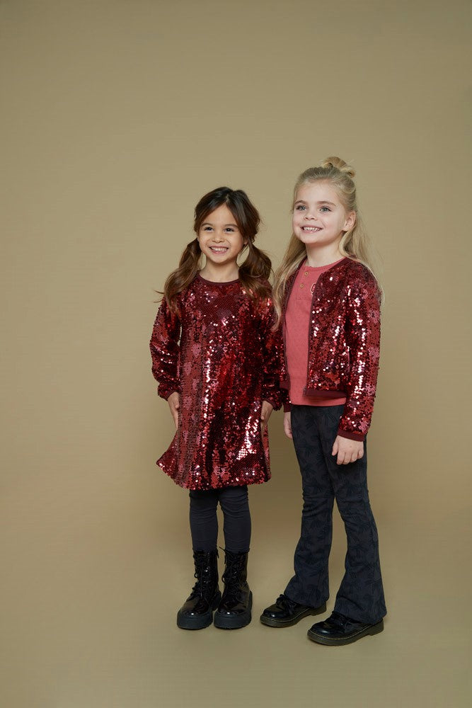 Jubel Pailetten Jurk - Queen Of Hearts Kind Poserend: "Kind poseert in de Jubel Pailetten Jurk - Queen Of Hearts in Bordeaux, met een feestelijke uitstraling en comfortabele pasvorm."