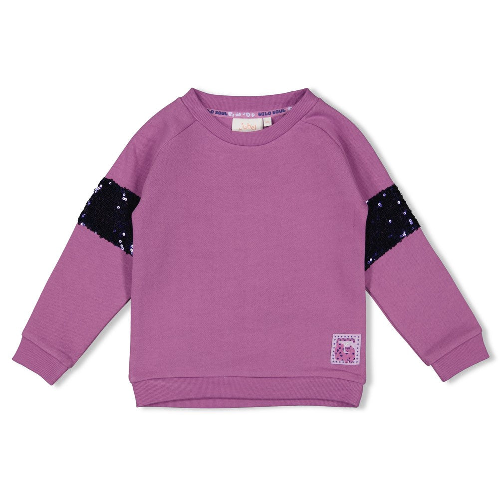 Detail van de sprankelende sequins op de Jubel Sweater - Wild Soul, Violet kleur, ontworpen voor kinderen die van mode en glamour houden Voorzijde