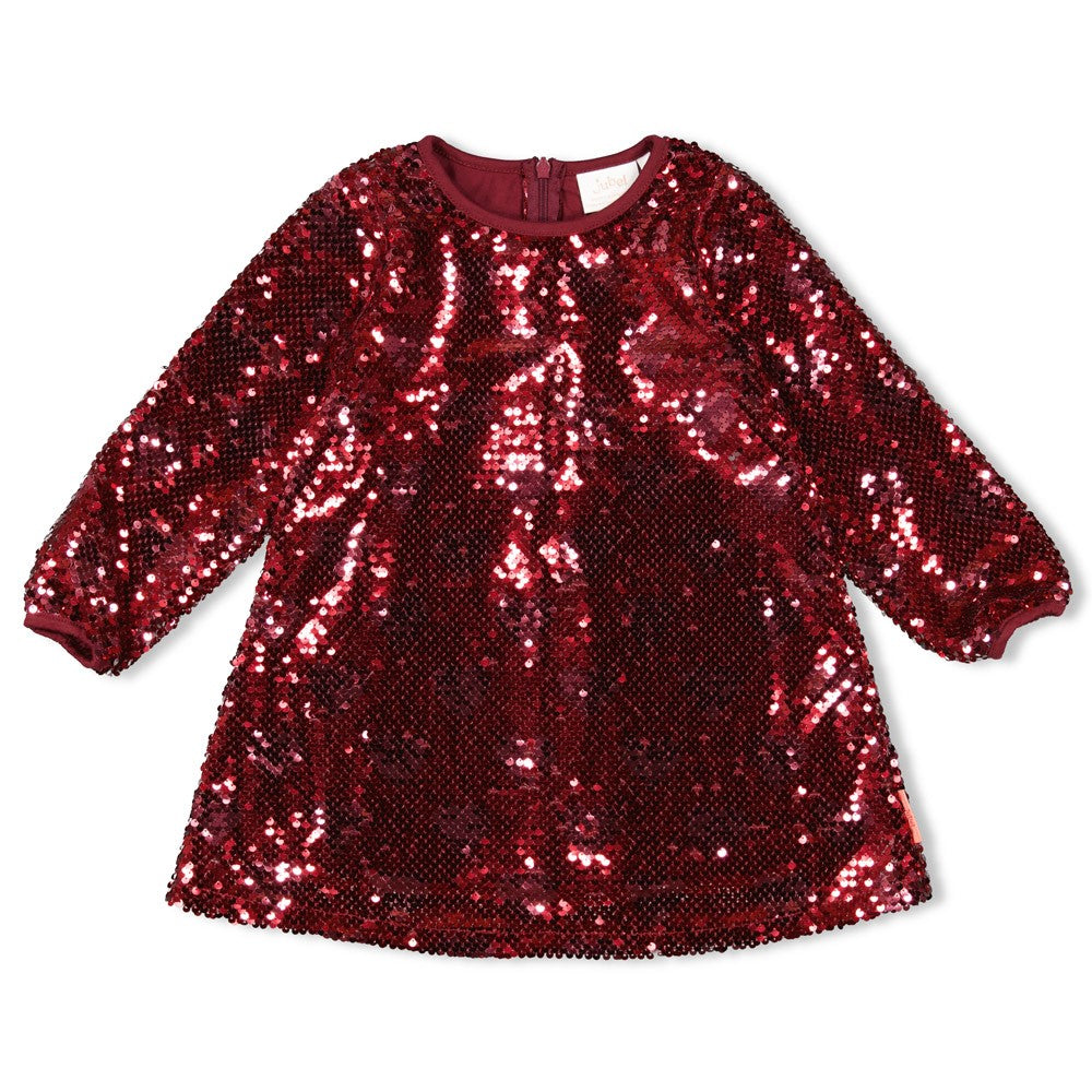 Jubel Pailetten Jurk - Queen Of Hearts Detail: "Detail van de Jubel Pailetten Jurk - Queen Of Hearts, in Bordeaux, met glinsterende pailetten en zachte katoenen voering." Voorzijde