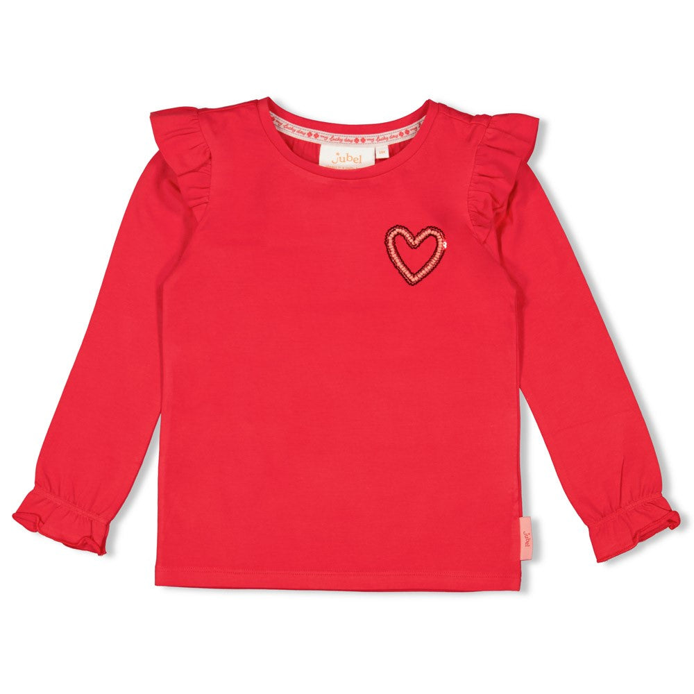 Jubel Longsleeve - Queen Of Hearts Detail: "Detail van de Jubel Longsleeve - Queen Of Hearts, in Rood, met een speelse hartprint en comfortabele stof." Voorzijde