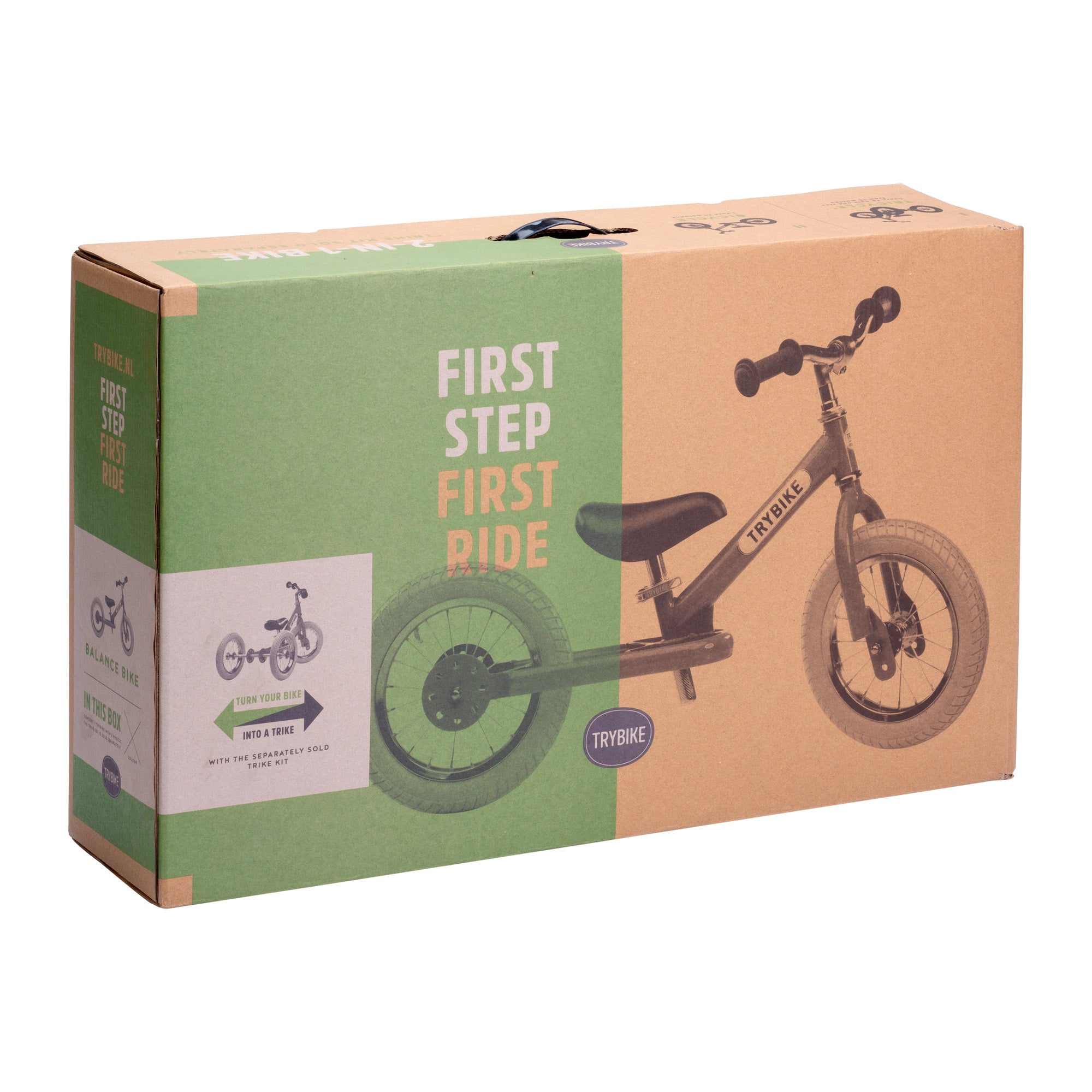 Trybike Steel Groen MAT Loopfiets Driewieler in doos zijkant