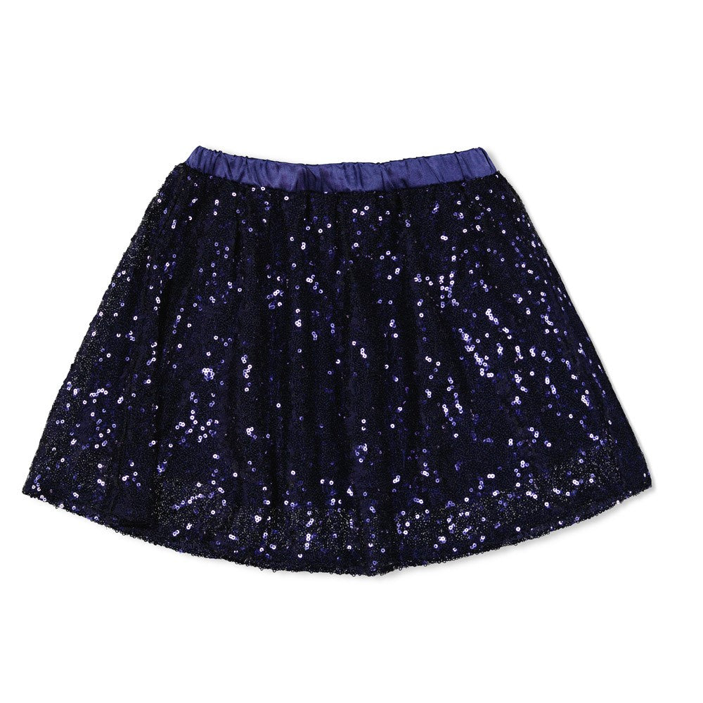 Close-up van de pailetten op de Jubel Pailetten Rok - Wild Soul in Indigo, met biologische katoenvoering, perfecte mix van glamour en comfortVoorzijde