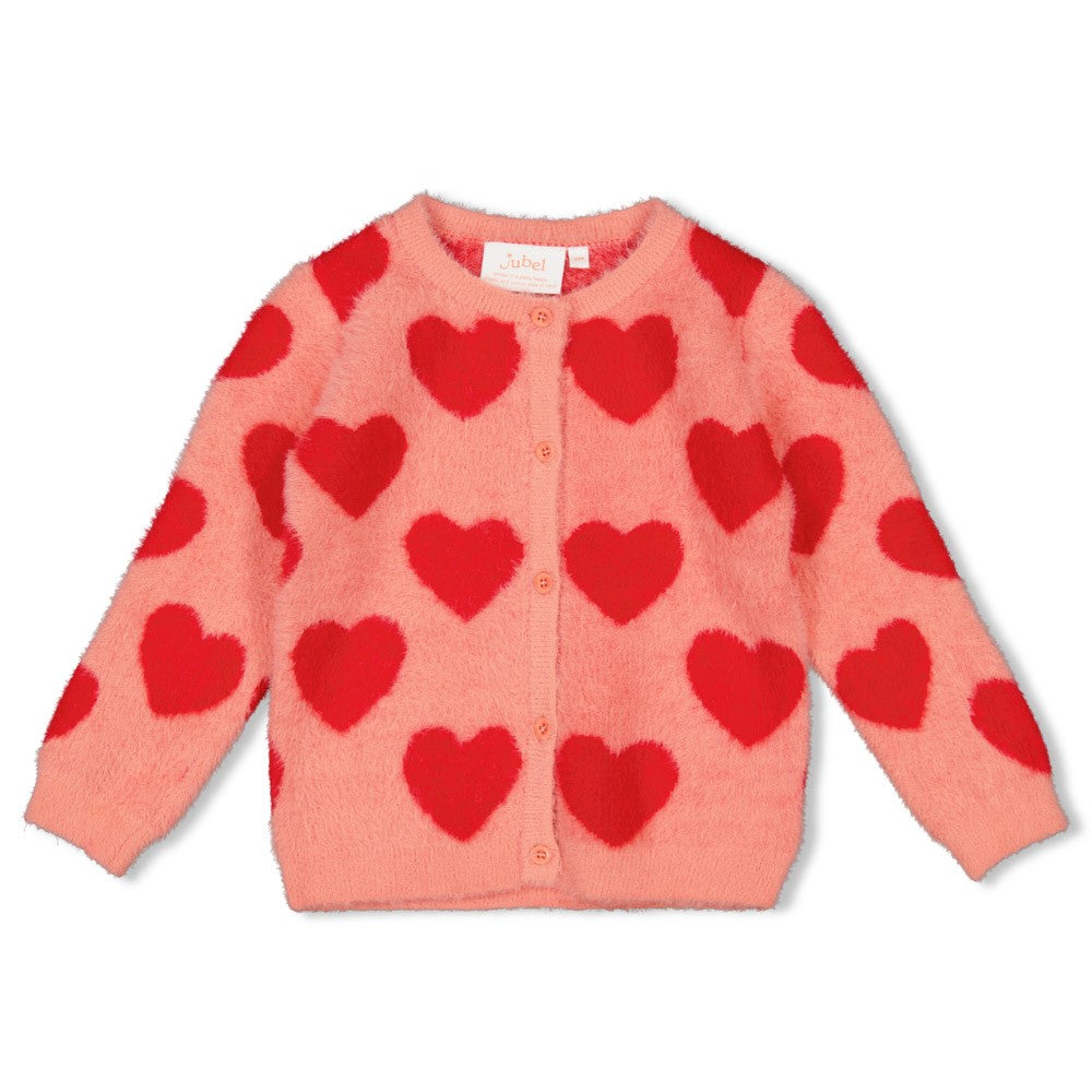 Jubel Vest Gebreid AOP - Queen Of Hearts Detail: "Detail van het Jubel Vest Gebreid AOP - Queen Of Hearts, gemaakt van 100% nylon met een charmante hartontwerp print." Voorzijde