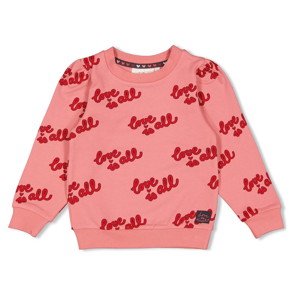 Jubel Sweater AOP - Queen Of Hearts Detail: "Detail van de Jubel Sweater AOP - Queen Of Hearts, in Lichtroze, met een speelse hartjes en strikjes print." Voorzijde