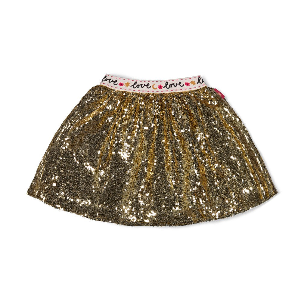 Jubel Pailetten Rok - Shine Bright Detail: "Detail van de Jubel Pailetten Rok - Shine Bright, in Goud, met reflecterende pailetten voor een feestelijke uitstraling." Voorzijde