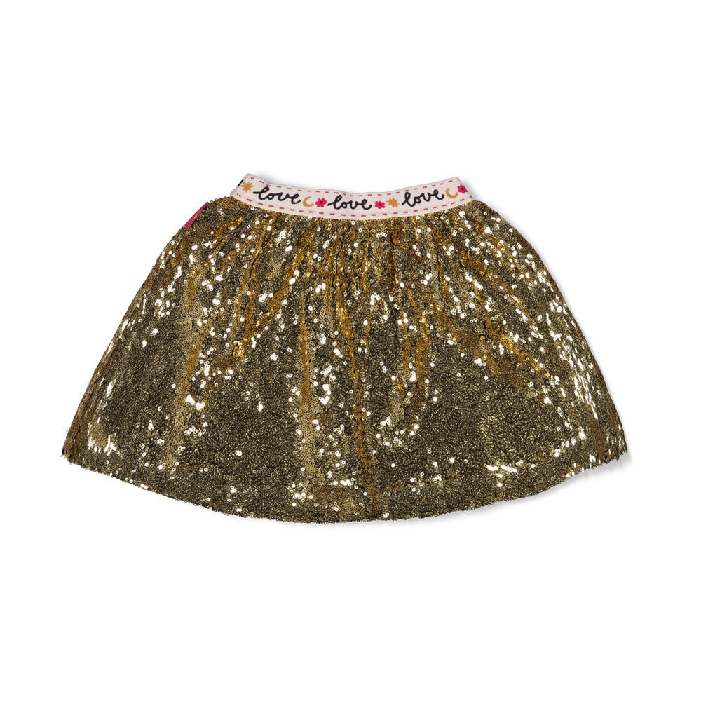 Jubel Pailetten Rok - Shine Bright Detail: "Detail van de Jubel Pailetten Rok - Shine Bright, in Goud, met reflecterende pailetten voor een feestelijke uitstraling." Achterzijde